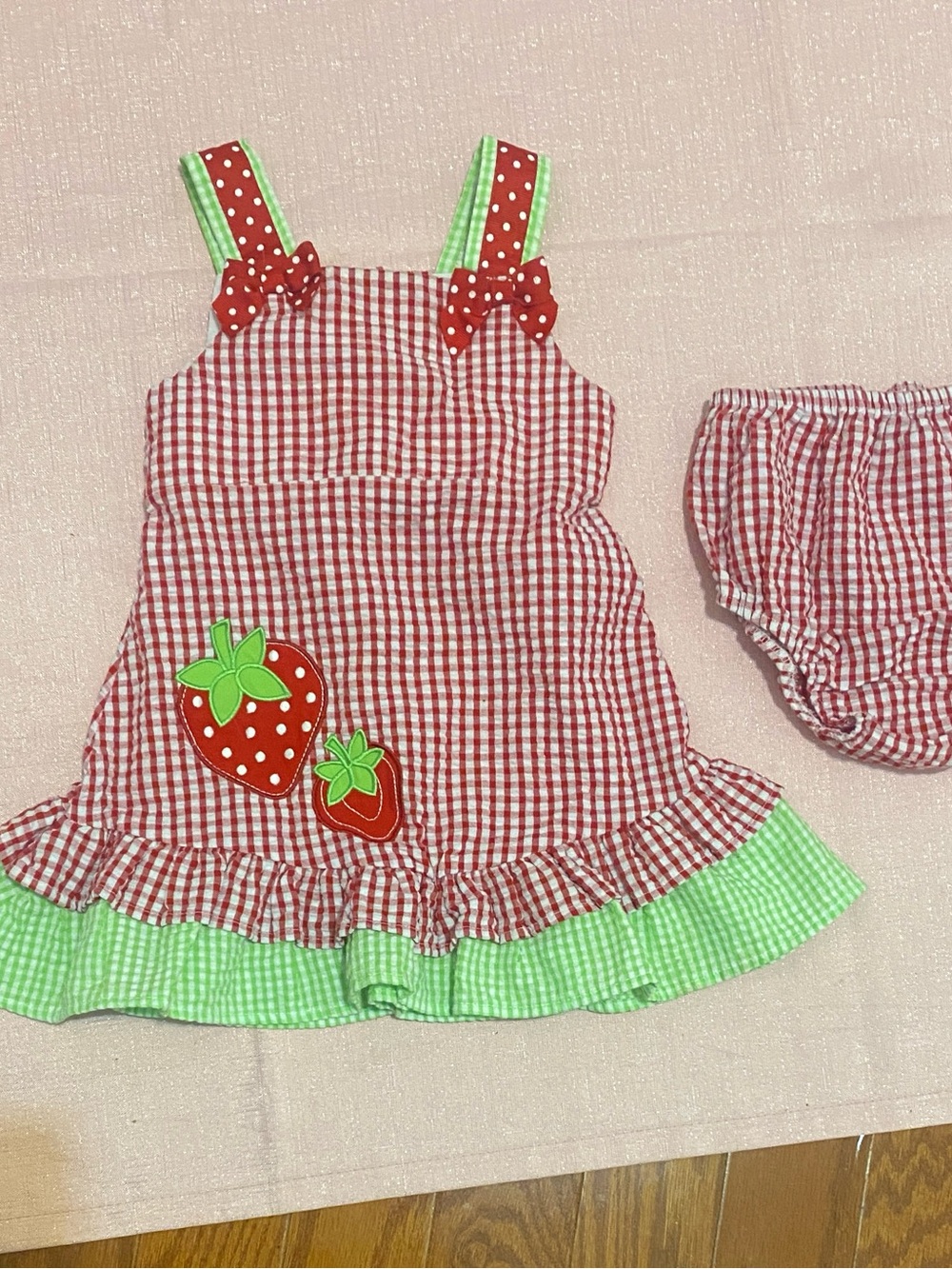 Rare Editions Red Gingham Strawberry Sundress with Green Trim